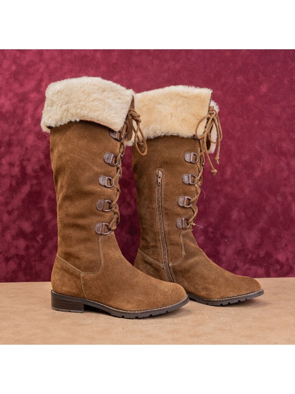 Sofft Women Shearling Cuff Brown Fashion Riding Lace-up Western Zip Boots sz 7.5